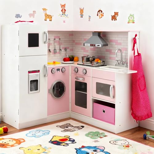 Image of Costzon Kids Corner Play Kitchen, Wooden Pretend Play Kitchen w/Realistic Light & Sound, Washing Machine, Microwave, Ice Maker, Oven & Stove, Little Chef Pretend Toy Kitchen for Boys & Girls