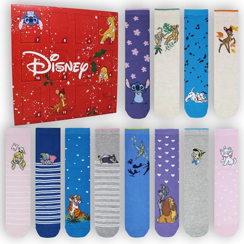Disney Classics - Calendario de Adviento de 12 días de calcetines para mujer, caja de regalo con 12 pares de calcetines