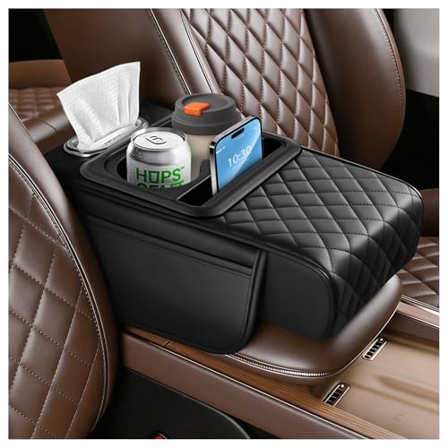 VKQTS 2026 New 5 in1 Car Armrest Storage Box,Multifunctional Leather Car Armrest Box Pad with Cup Holder & Phone Holder & Storage Bag,Comfortable Center Console Cover for Elbow Support