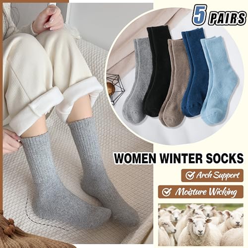 Image of EBMORE 5 Pairs Women Merino Wool Boot Socks Warm Thermal Winter Thick Hiking Cozy Cabin Crew Comfy Socks for Ladies
