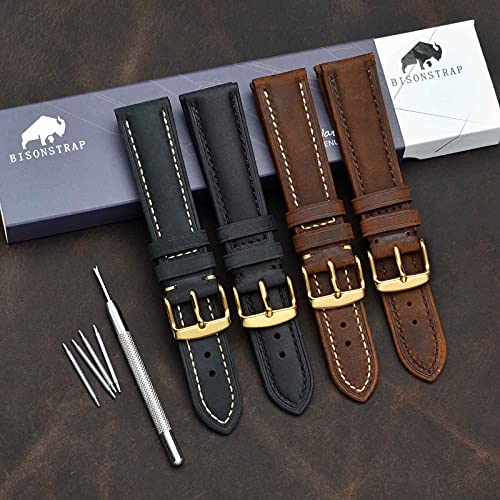 Bisonstrap Vintage Watch Straps With Gold Buckle, Leather Replacement Band 18Mm (Dark Brown) #TOP6