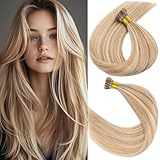 Pre bonded I Tip Human Hair Extension for Women Fusion Stick Tip Remy Human Hair Piece Invisible Keratin Glue Full Head 100 Strands 50 Gram 16Inch #12P613 Golden Brown&Bleach Blonde