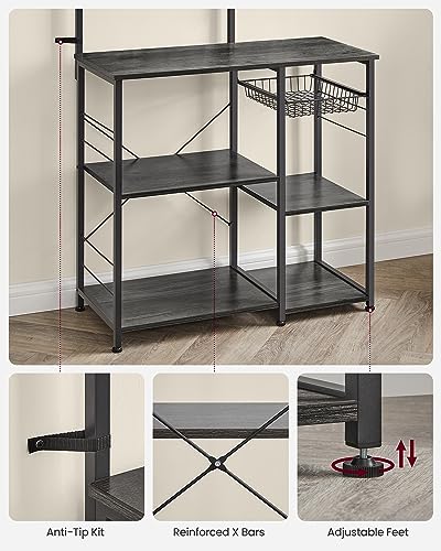 Image of VASAGLE Baker's Rack, Microwave Stand, Kitchen Storage Rack with Wire Basket, 6 Hooks, and Shelves, for Spices, Pots, and Pans, Charcoal Gray and Ink Black UKKS035B04