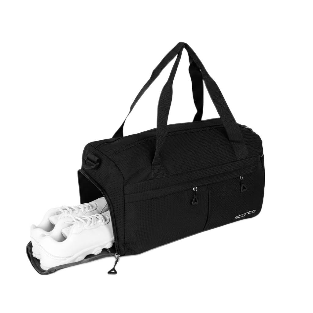Storite Travel Duffle Bag with Shoe Compartment, Black, 44x20x23 cm | Water Resistant Nylon, Lightweight, Luggage Trolley Sleeve, Spacious Storage, Travel, Gym, Weekend Trips