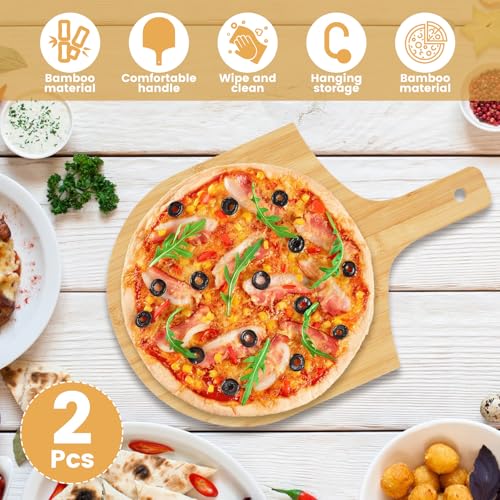 2 Pcs 12 Inch Natural Bamboo Pizza Peel, Bamboo Wood Pizza Peel for Bread Cheese Vegetable Fruits, Multipurpose Long Handle Pizza Paddle, Easy to Clean Smooth Surface Pizza Board for Kitchen