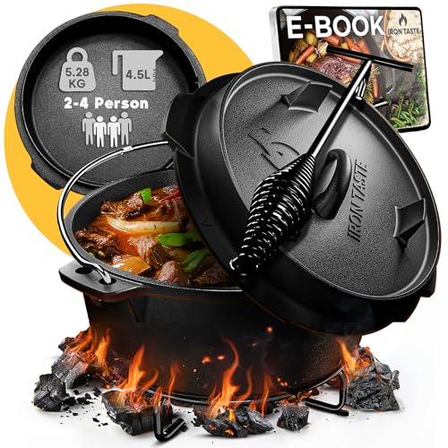 IRON TASTE Dutch Oven Set 4.5L - Eingebrannter Dutch Oven 4.5 Liter - Feuertopf Gusseiserner Topf mit praktischem Deckelheber & Edelstahl Untersetzer [für 2-4 Personen]
