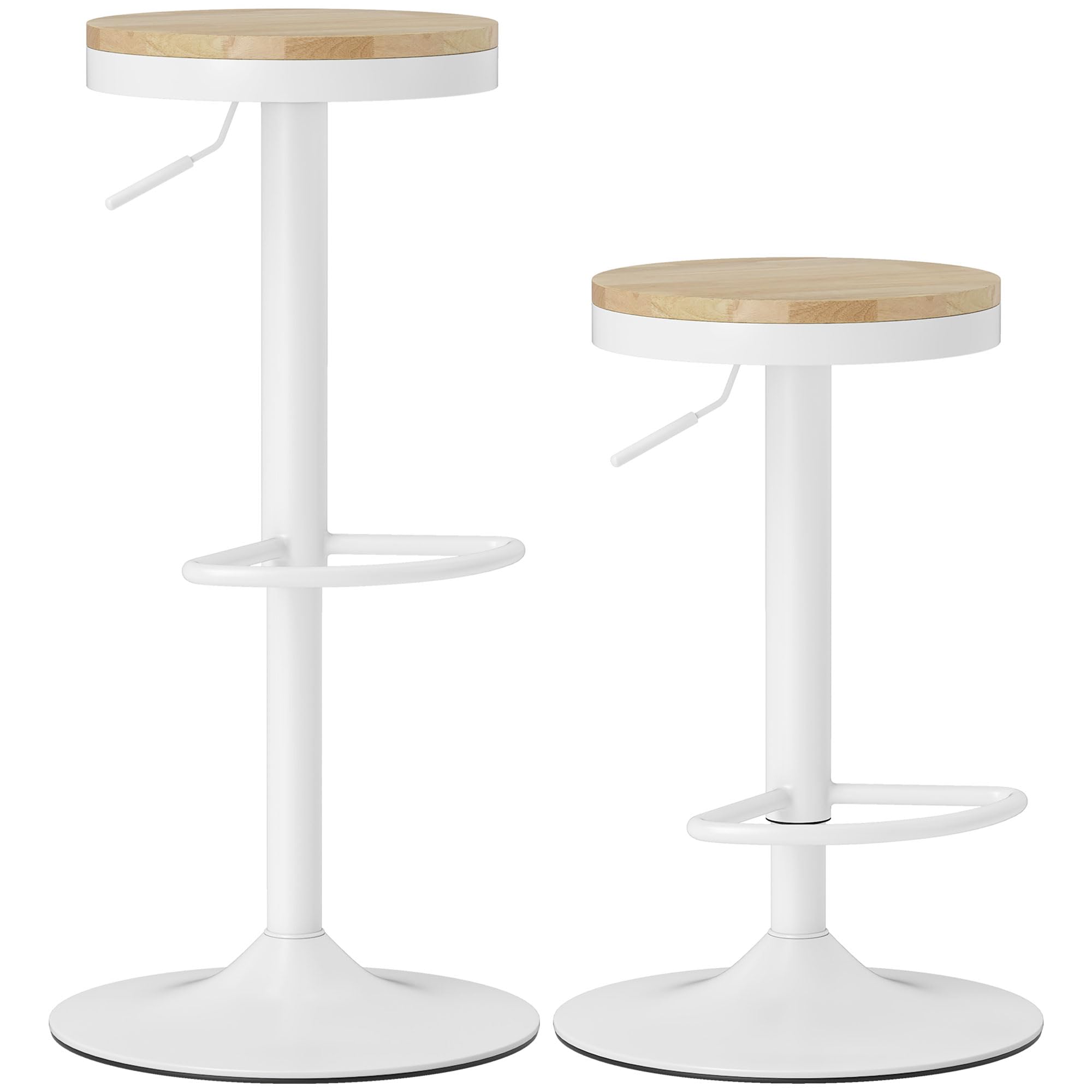 HOMCOM Juego de 2 Taburetes de Bar Giratorios Taburetes Altos de Cocina con Altura Ajustable 60-80 cm Asiento de Madera Marco de Acero y Reposapiés para Comedor Mostrador Natural y Blanco