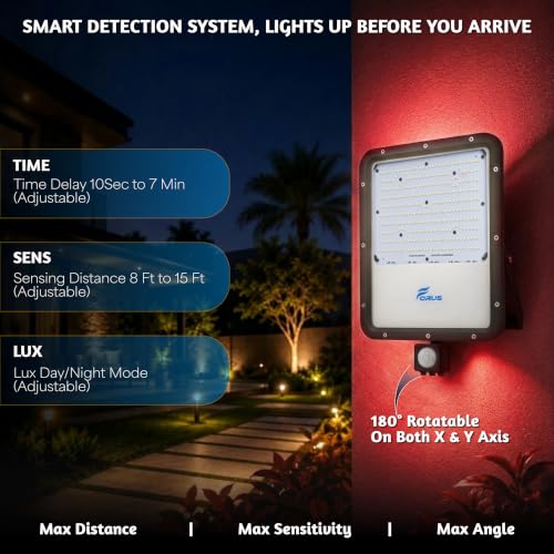 Image of Forus 250W LED Flood Light Red with Motion Sensor Auto On Off Day Night Mode Waterproof Outdoor Security Light for Garden Parking Garage Factory Warehouse Shop High Bright Floodlight 4Yr Warranty-1Pc