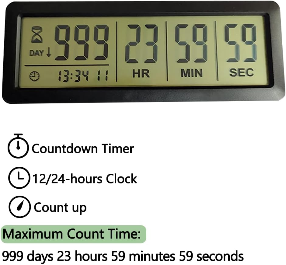Diagram showing the timer's functions: Countdown Timer, 12/24-hours Clock, Count up, and a maximum count time of 999 days 23 hours 59 minutes 59 seconds.