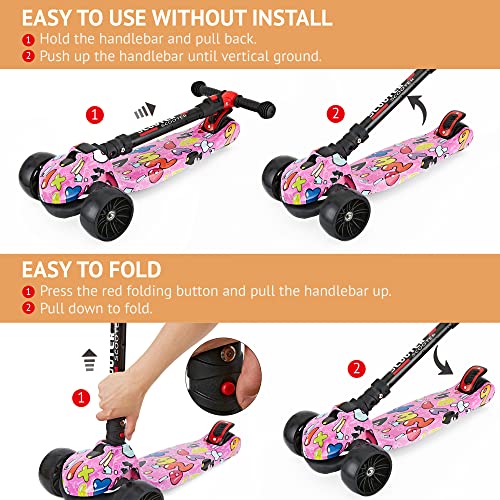 Scooter For Kids Ages 3-12, Foldable & Height Adjustable Kids Scooter With Graffiti Bodywork, Non-Slip Deck And Extra Wide Pu Light-Up Wheels (200 Lbs Weight Capacity) #TOP6