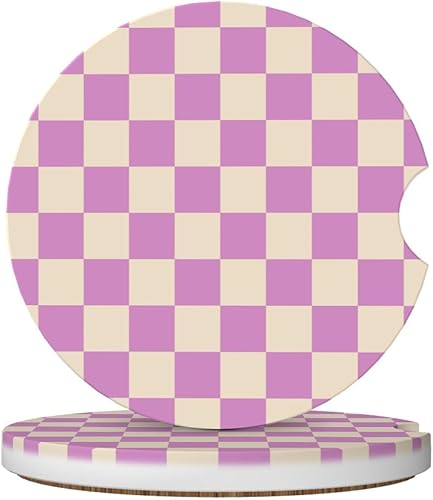 Vista 21 de Posavasos de automóvil a cuadros rosados para portavasos de automóvil, paquete de 2 posavasos de automóvil para automóvil, posavasos absorbentes