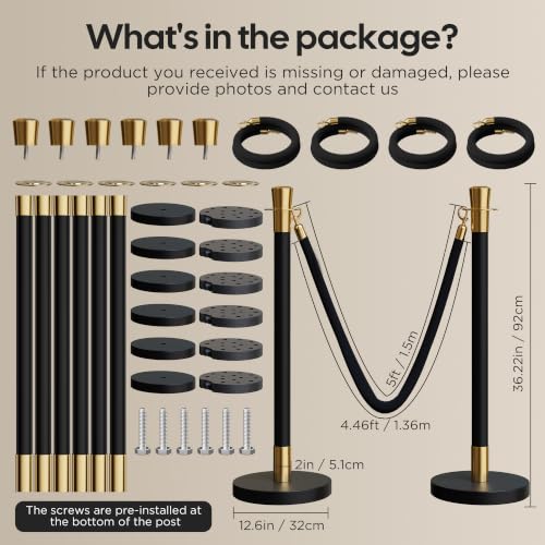 Image of 6 Pack Black&Gold Stanchions and Velvet Ropes Set, Stainless Steel Crowd Control Barriers, 4Pcs Black Ropes and Poles for Party Supplies,Photobooth Accessories, Prom,Birthday,Business,Wedding, Museums