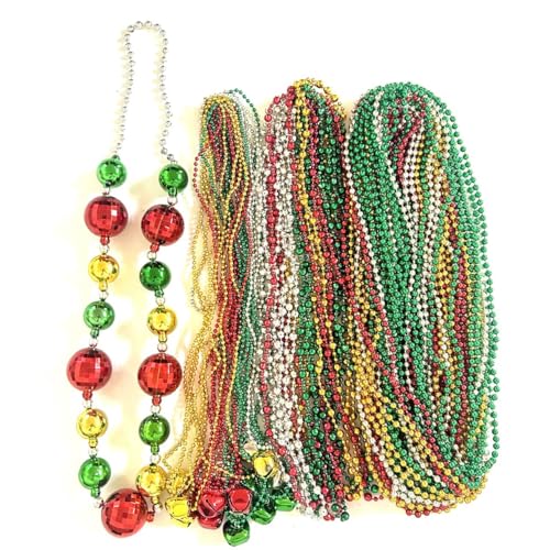 GZYSSL 73 Pcs With 4 Styles Christmas Party Beads Necklaces Red Green Gold Silver Jingle Bell Holiday Beads Necklaces Christmas Tree Party Decorations