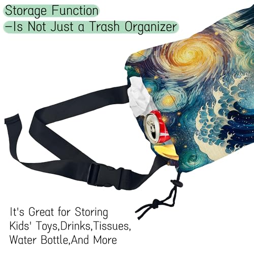 Image of Sea Wave Car Trash Bag,Night Starry Sky Hanging Drawstring Car Garbage Bag,Waterproof Canvas Car Back Seat Organizer with Adjustable Buckle,for Vehicles,SUVs,Camping,Road Trips