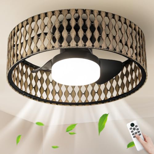 Kaiyuan Boho Farmhouse Ceiling Fan with Lights,Rustic Wood Caged Ceiling Fan 20 inchs Low Profile Flush Mount Ceiling Fan Dimmable LED Light Quiet 6 Speed DC Motor for living room Bedroom Kitchen