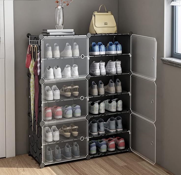 Image of AYSIS Plastic Shoe Rack for Home | 𝟏𝟐 𝐒𝐡𝐞𝐥𝐟 Shoe Rack with Door 𝐌𝐚𝐠𝐧𝐞𝐭𝐬 for Home Storage Plastic Box Organizer, Metal Door Frame, Chappal Slipper Sandals Stand (Black, 12-Shelf-6-Door)