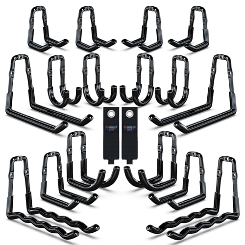 Image of 3-H Super Heavy Duty Garage Wall Hooks 18 Pack, One-Piece Construction Garage Wall Hooks, Garage Hanger & Organizer Wall Mount for Ladders, Bikes, Chairs, WeedEaters, Shovels, Garden Tools (Black)