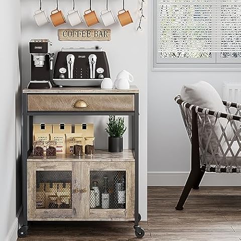 X-cosrack Coffee Bar Cabinet，3 Tiers Kitchen Coffee Cart with Drawer for The Home, Movable Farmhouse Coffee Station Table on Wheels for Living Room, Entryway, Dining Room, Kitchen Cover