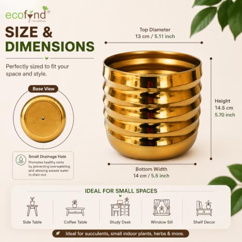 Image of ecofynd 1 Pack 5 Inch Gold Metal Flower Pot, Modern Decorative Indoor Planter for Small Plants, Tabletop Plant Pot for Home, Office, Living Room, Bedroom, Shelf & Windowsill Decor (POT057-GO)