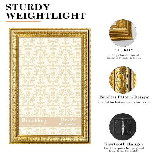 Image of VIOLABBEY 12x18 Picture Frame Gold, Vintage Photo Frame for Wall or Tabletop Display, Classic Design for Office Home Decor, Fits 12x18 Pictures