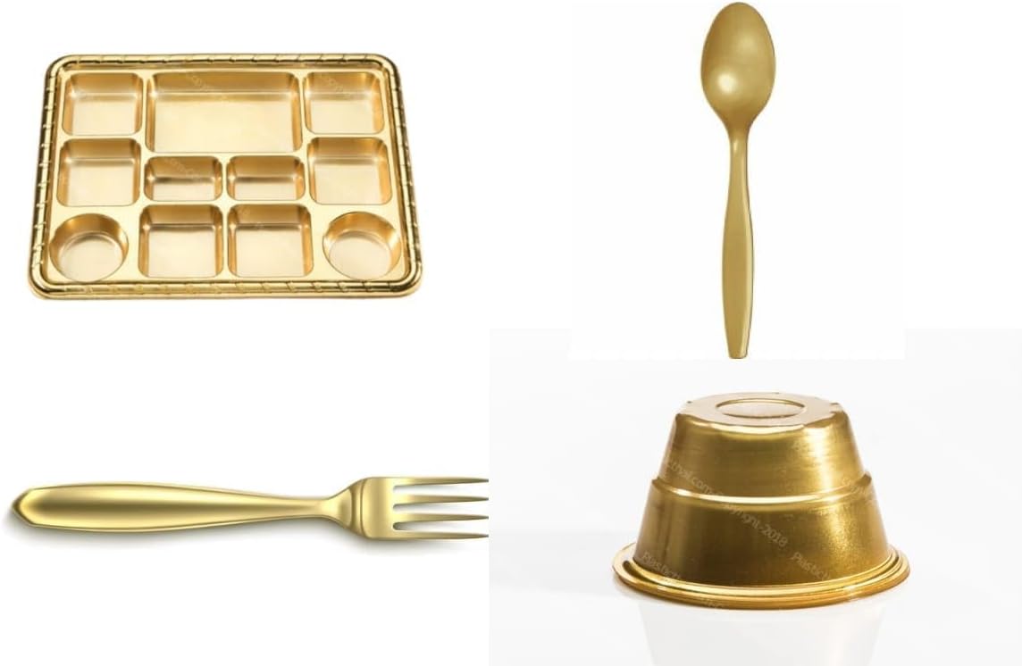 Mahavir 11 Compartment Disposable Gold Plates - Indian Thali Plastic Tray (Plates/Spoon/Fork/Bowl, 200) (Plates/Spoon/Fork/Bowl)