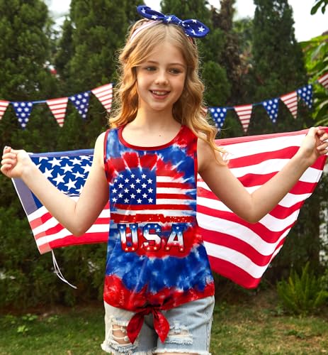 Image of July 4th Girls Patriotic Sleeveless Tie Knot Front Tank Top Stars Stripes Tee Shirt 4-14 Years