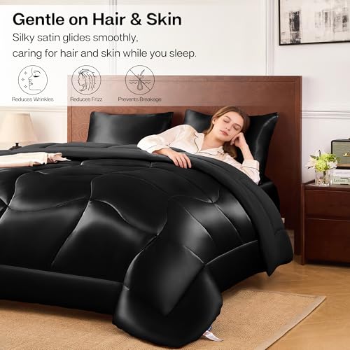 MR&HM Full Size Comforter Set Black, Reversible Satin Microfiber Comforter Set for All Seasons, 3 Pieces Non-Slip Silky Soft Bedding Sets with 1 Comforter (82"x86") and 2 Pillowcases (20"x26") by MR&HM - Used condition - Image 3