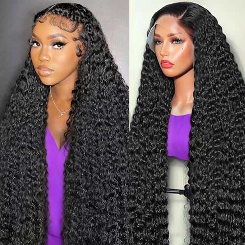 FDSAFEF 34 Inch Deep Wave Lace Front Wigs Human Hair 13x6 HD Lace Front Wigs Human Hair Pre Plucked 200 Density Black Deep Curly Wig for Women