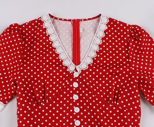Wellwits Women's Lace Trim V Neck Polka Dots Midi Elegant Vintage Dress3