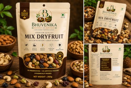 Image of Bhuvenika Dry Fruits & Mukhwas Premium Mix Dry Fruits 500gm |Mixed Almonds, Cashews, Pistachios, Raisins, Apricots, Black Raisins | Assorted Crunchy Trail Mix for Snacking & Gifting