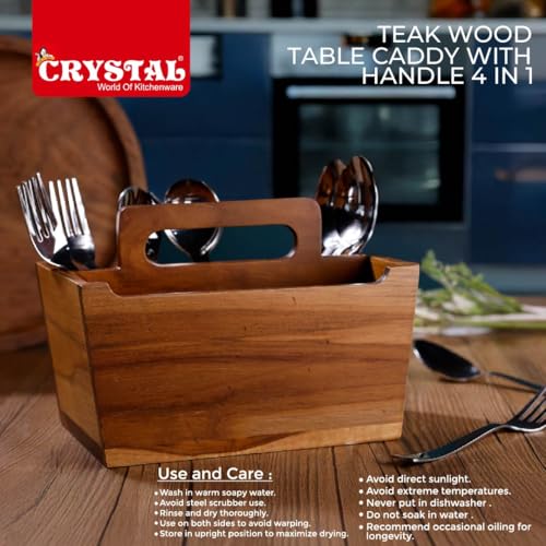 Image of Crystal Premium Handcrafted Wooden Cutlery /Spoon stand with Handle | Pure Teak Wood | Wooden Caddy with 4 sections | Multipurpose Cutlery Stand for Kitchen, Dining Table