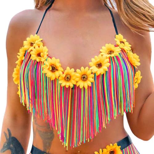 Ushiny Quasten BH Top Regenbogen Bikinioberteil bauchfreies Top Blumen...