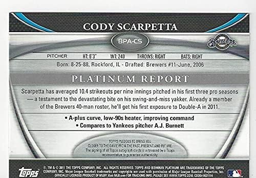 Cody Scarpetta Autographed Bowman Prospects Collectible Baseball Card - 2011 Bowman Platinum USA Baseball Card #BPA-CS (Milwaukee Brewers) Free Shipping