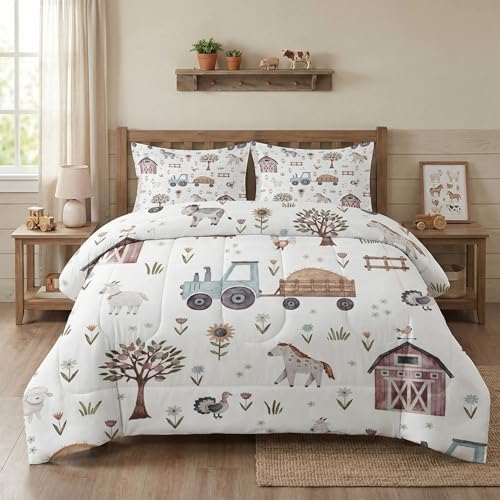 WeCozy Twin Size Comforter Set with Pillowcase, Farm Animal Tractor