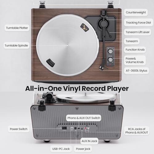 Image of All in One Vinyl Record Player,Bluetooth Turntable Built in 4 Stereo Speakers Phono Preamp,High Fidelity Turntables for Vinyl Records with Magnetic Cartridge AT-3600L,2-Speed,33 /45RPM,USB PC Recording | All in One Turntable,Built in 4 Stereo Speakers Phono Preamp,High Fidelity Turntables,2-Speed,PC Recording