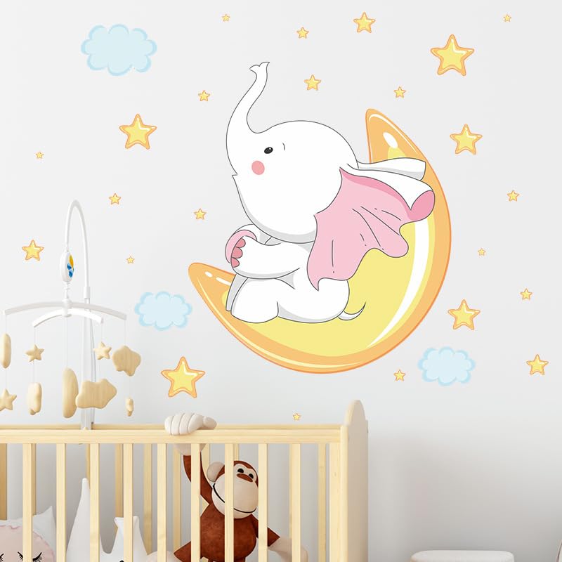 Image of Elephant & Moon Wall Stickers for Kids Baby Wall Stickers for Kids Room Bedroom Playroom Nursery Living Room Decor Wall Art Wall Decoration Boho-Self-Adhesive