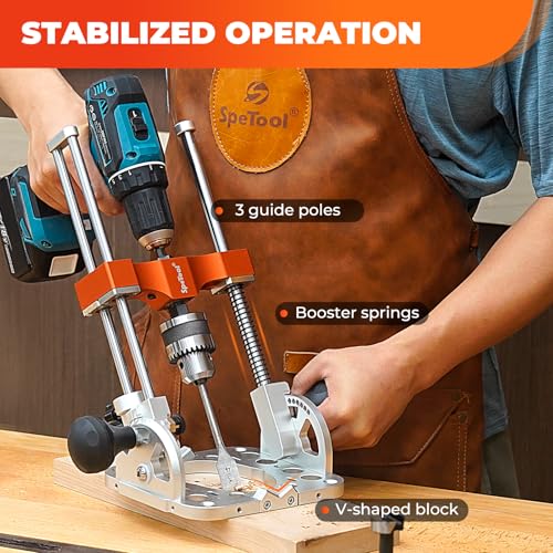 Image of SpeTool Portable Drill Guide with Liner Ball Bearings Guide Poles, Portable Drill Press for Hand Drill Adjustable from 0-60, 1 /2 inch Chuck Multi Angle Drill Guide for Straight Holes, S04001