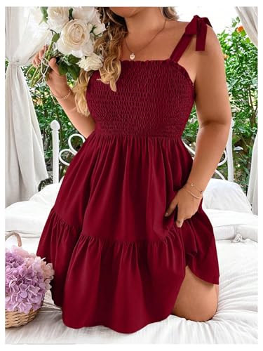 Image of Floerns Women's Plus Size Summer Knot Tie Shoulder Ruffle Straps Flounce Flowy Smocked Sundress Shorts Dress