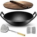 Cast Iron Wok, with Wooden Lid, Spatula and Silicone Mits 12' Diameter and Large Handles, Stir Fry...