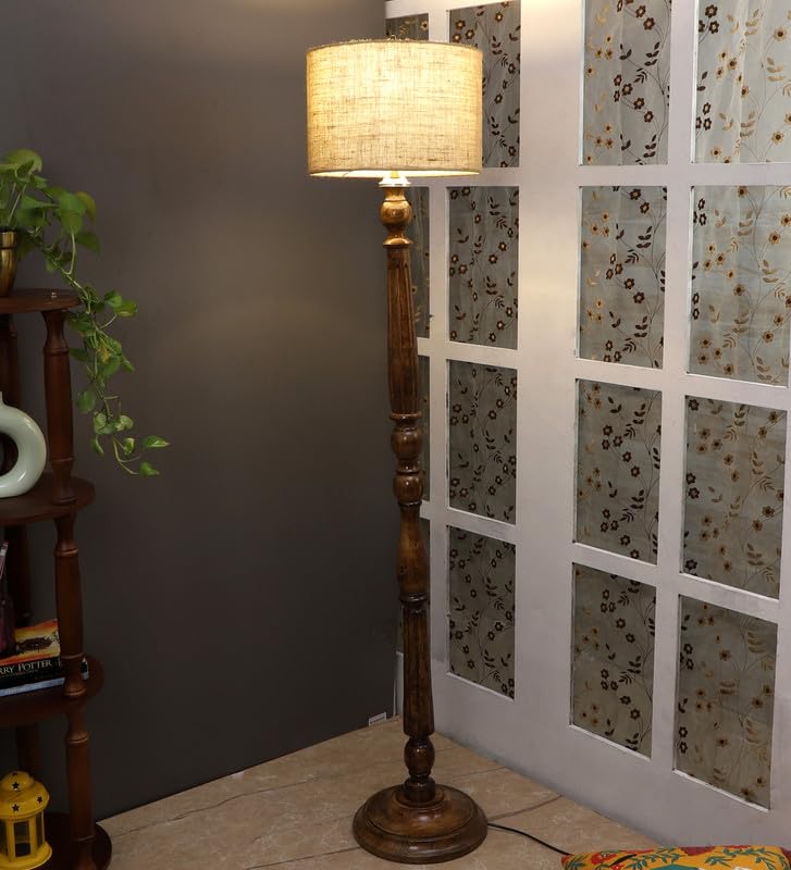Image of tu casa Mango Wooden Floor Lamps with Beige Jute Shade for Home Decor, Bedrooms Corner, Living Room, Gifting, Diwali Decoration, Hall, Office, Study Room (Height: - 56 inch) - Bulb not Included