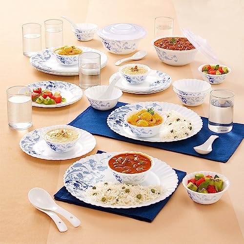 Larah By Borosil Blue Eve Silk Series Opalware Dinner Set with Glasses, 40 Pieces for Family of 6, Microwave & Dishwasher Safe, Bone-Ash Free, Crockery Set for Dining & Gifting, Plates & Bowls, White
