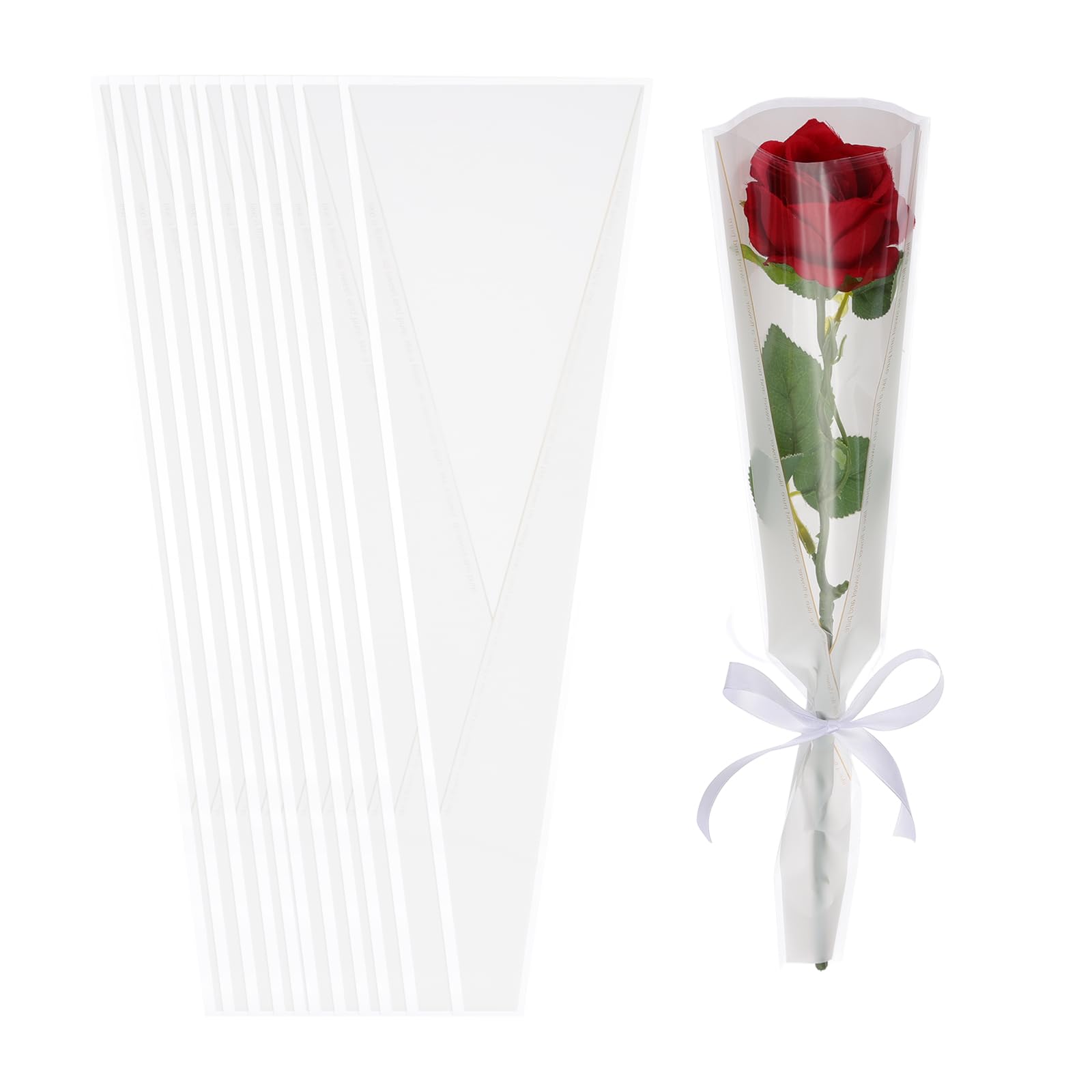 PATIKIL 100 Pack Flower Wrapping Bag, White Floral Packing Sleeves with Ribbons Gold Edge for Bouquets Wedding Birthday Graduation Anniversary Arrangement Gift, 17.7"x4.7"x1.2"