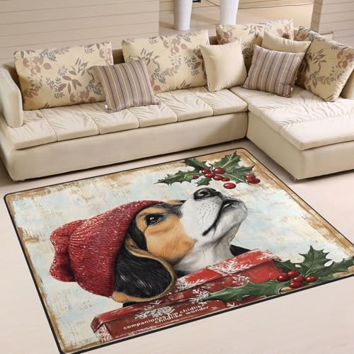 Washable Area Rug 4'x 5',Vintage Christmas Dog Floor Carpet Indoor