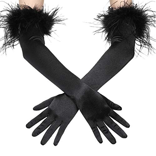 Coucoland Long Satin Feather Gloves - 1920s Style Bridal & Fancy Dress Elbow Length Classic Opera Gloves