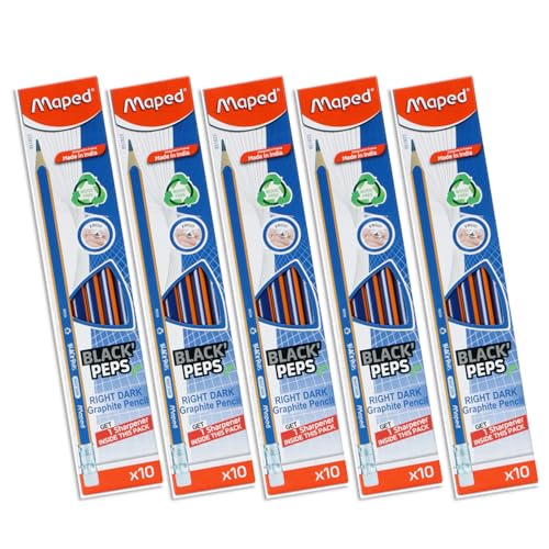 Image of Maped Wood Free & Pre-Sharpened Pencils- 5Box Combo|50Pcs Rubber Tip Pencils With 5 Free Sharpeners|Triangular Shape For Easy Grip|Soft And Extra Dark||Useful For Writing & Sketching, Ink Color-Black