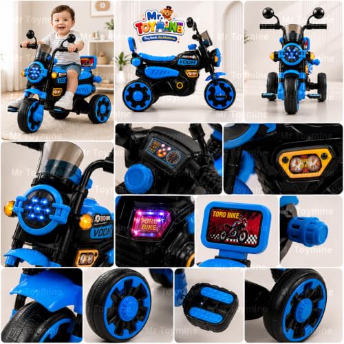 Image of TORQ Bike Pedal Tricycle for Kids Toddler Trike Headlight, Music, Curved Seat and Backrest Push Along Pedal Trike for 2 Years to 4 Years | Full Body LED| Blue | TOYMINE