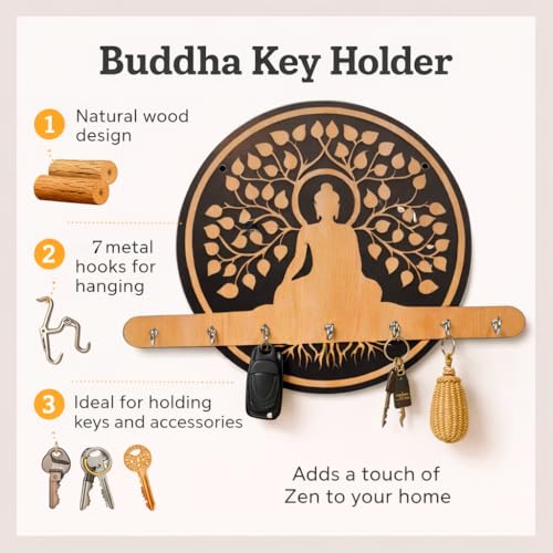 Image of CraftVatika Wooden Key Holder for Home Decor Items, Key Hanger Wall Mounted Decoration Handicraft Key Chain Stand Wood Keys Organizer 6 Stainless Steel Hook Decorative Items for Home Decor, Wall Decor