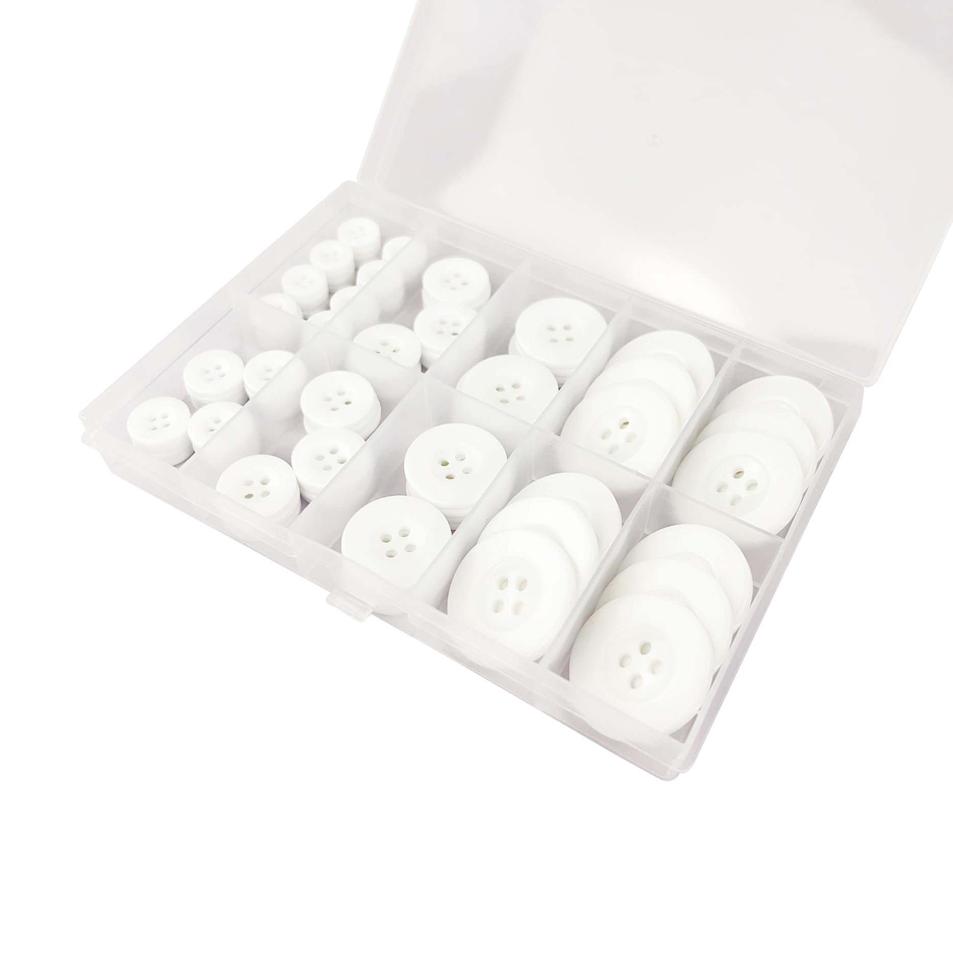 100 botones de costura blancos de borde ancho, botones de manualidades de 4 agujeros, 5 tamaños, con caja de almacenamiento de compartimentos, adecuados para costura, botones de camisa de traje,