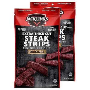 Jack Link’s Steak Strips, Beef Jerky, Original Flavor, Snack Bags, Extra Thick Cut Protein Snacks, Ready to Eat – 9g of Protein and 70 Calories Per Serving, Made with Premium Beef, 8 Ounce (Pack of 2)