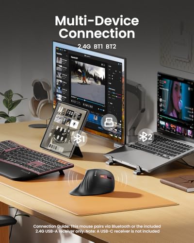 Image of ProtoArc EM11 NL Wireless Ergonomic Vertical Mouse, Rechargeable, Wine Red | 58 vertical design supports a natural wrist posture, connect 3 devices via Bluetooth /2.4G USB-A, 500mAh USB-C rechargeable.